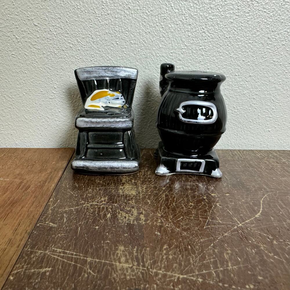 Enesco Japan Black Porcelain Wood Burning Stove & Rocking Chair + Cat Shaker Set